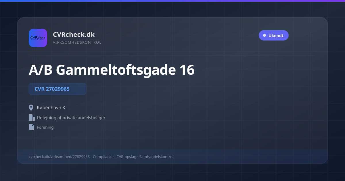 Visitkort: A/B Gammeltoftsgade 16, CVR 27029965, Udlejning af private andelsboliger, København K