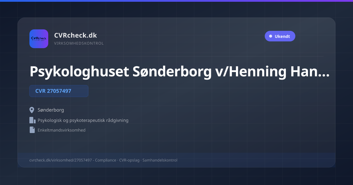 Visitkort: Psykologhuset Sønderborg v/Henning Hansen, CVR 27057497, Psykologisk og psykoterapeutisk rådgivning, Sønderborg