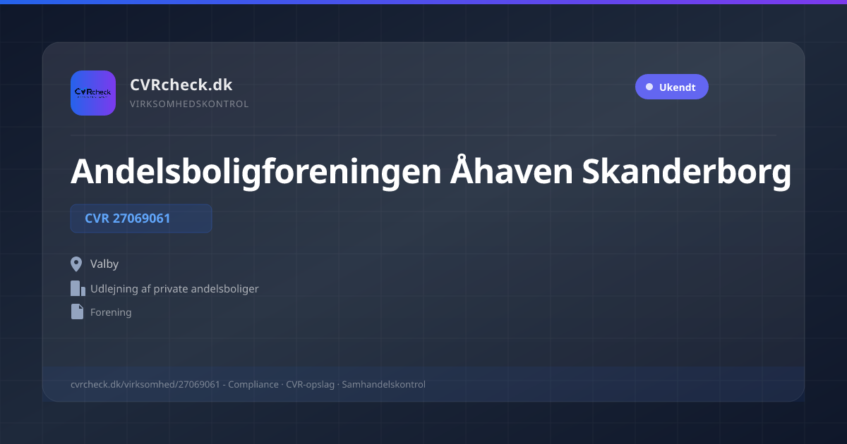 Visitkort: Andelsboligforeningen Åhaven Skanderborg, CVR 27069061, Udlejning af private andelsboliger, Valby