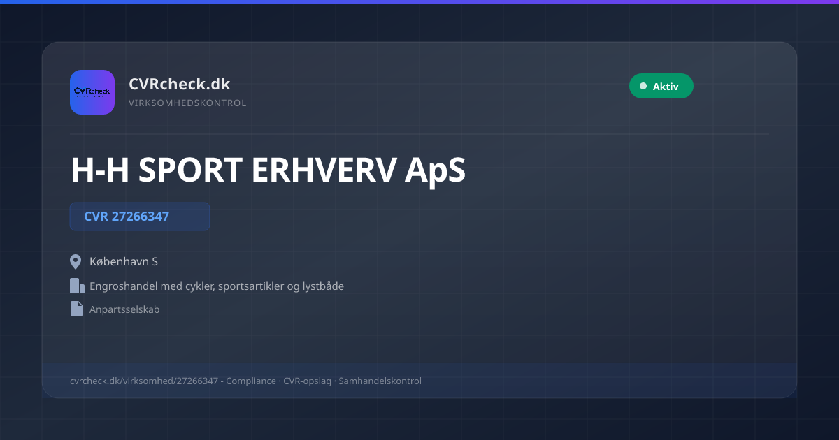 Visitkort: H-H SPORT ERHVERV ApS, CVR 27266347, Engroshandel med cykler, sportsartikler og lystbåde, København S, NORMAL
