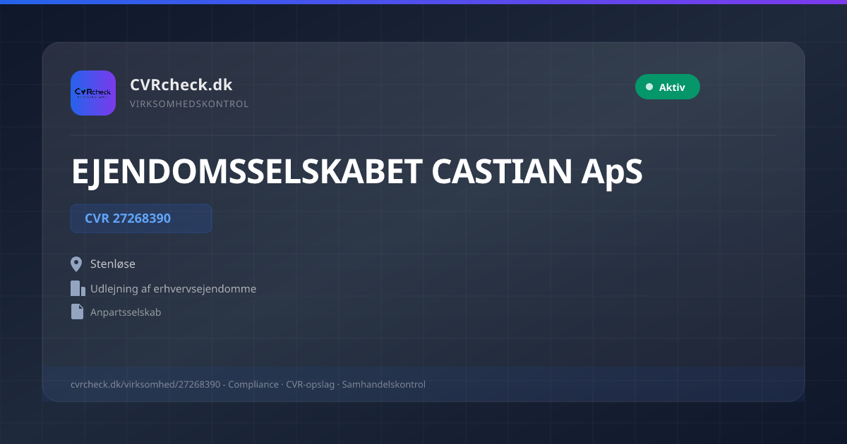 Visitkort: EJENDOMSSELSKABET CASTIAN ApS, CVR 27268390, Udlejning af erhvervsejendomme, Stenløse, NORMAL