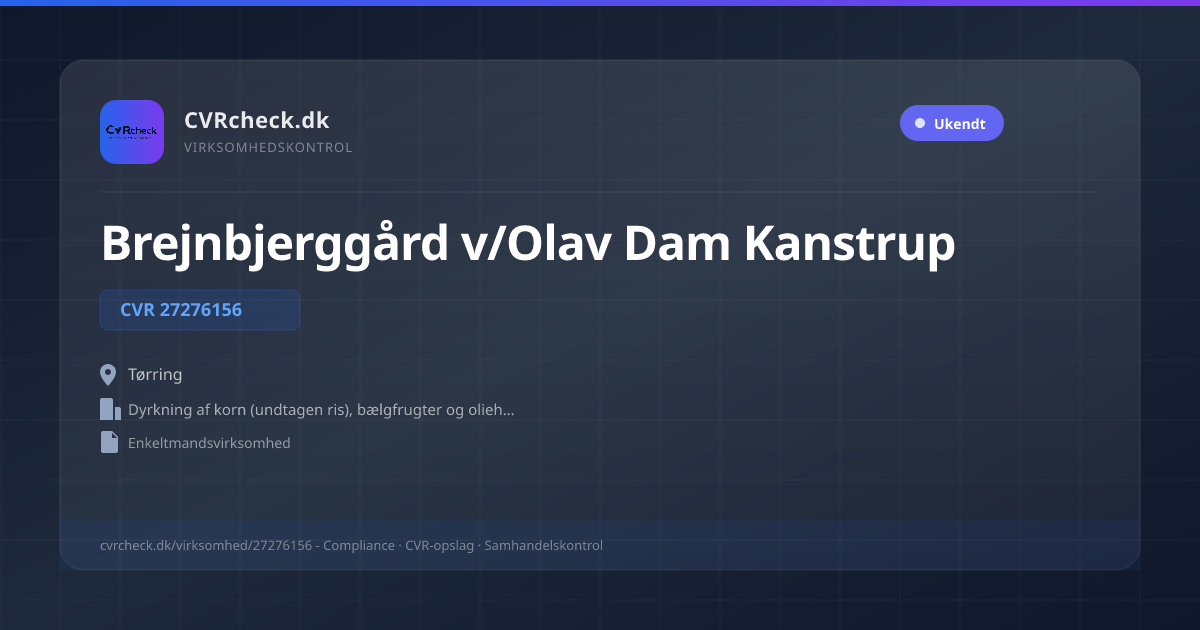 Visitkort: Brejnbjerggård v/Olav Dam Kanstrup, CVR 27276156, Dyrkning af korn (undtagen ris), bælgfrugter og olieholdige frø, Tørring