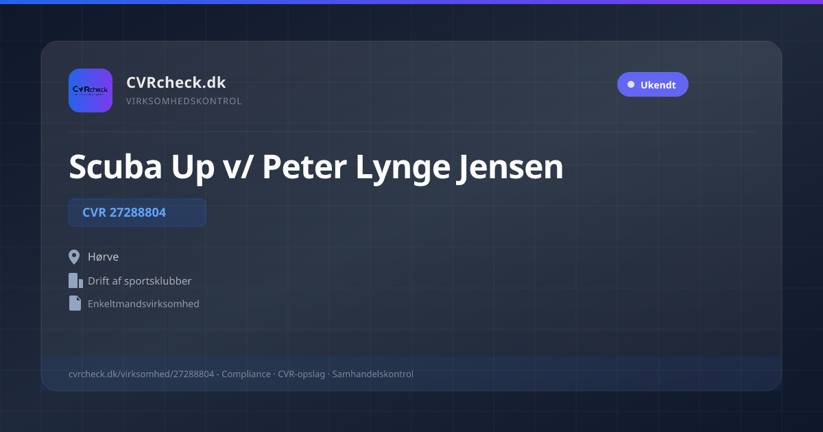Visitkort: Scuba Up v/ Peter Lynge Jensen, CVR 27288804, Drift af sportsklubber, Hørve