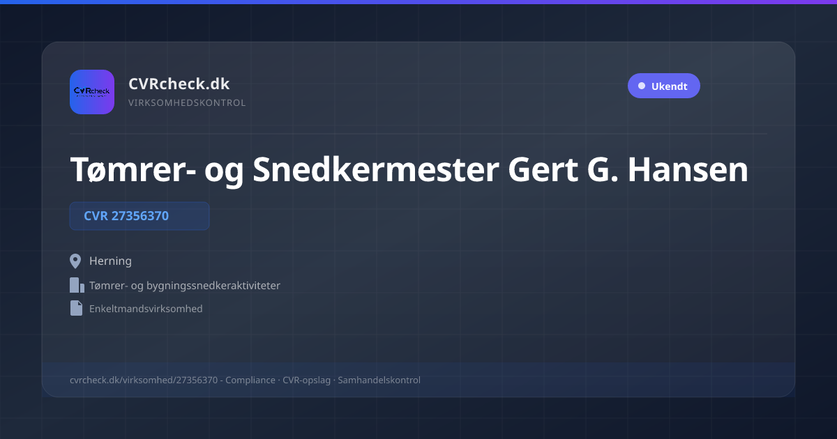 Visitkort: Tømrer- og Snedkermester Gert G. Hansen, CVR 27356370, Tømrer- og bygningssnedkeraktiviteter, Herning