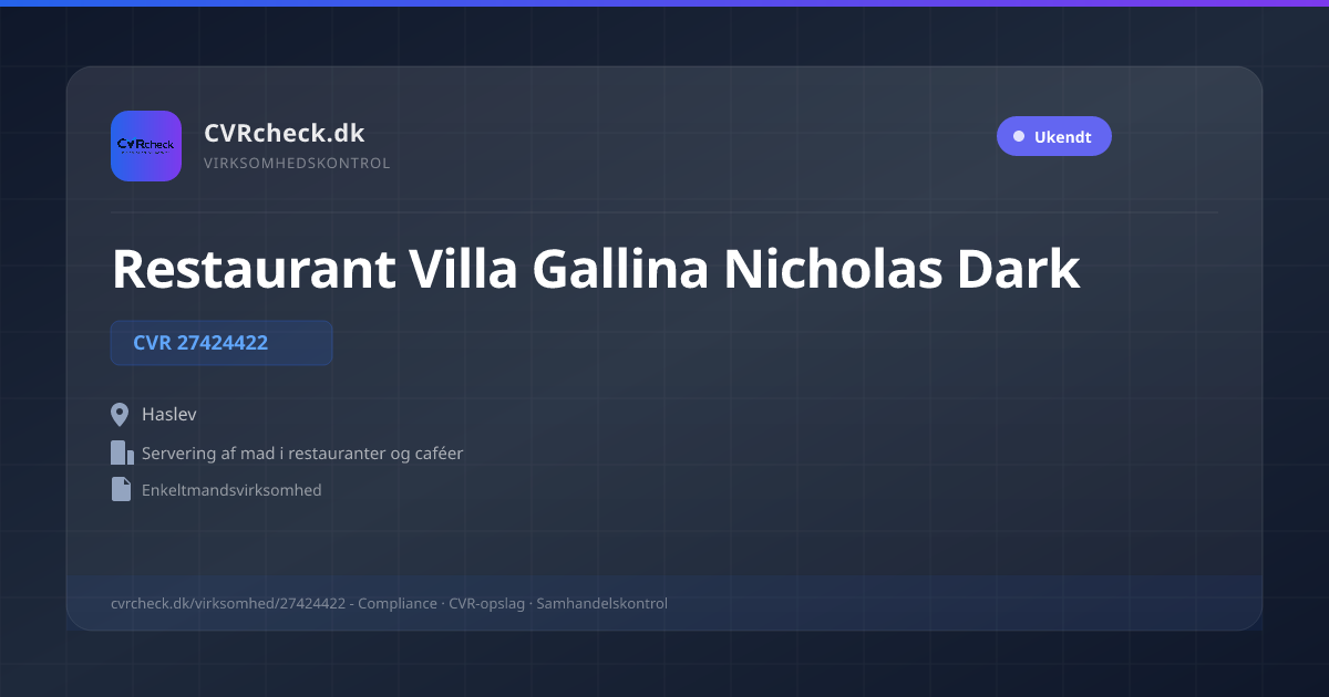 Visitkort: Restaurant Villa Gallina Nicholas Dark, CVR 27424422, Servering af mad i restauranter og caféer, Haslev