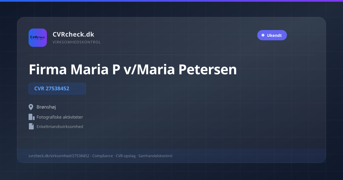 Visitkort: Firma Maria P v/Maria Petersen, CVR 27538452, Fotografiske aktiviteter, Brønshøj