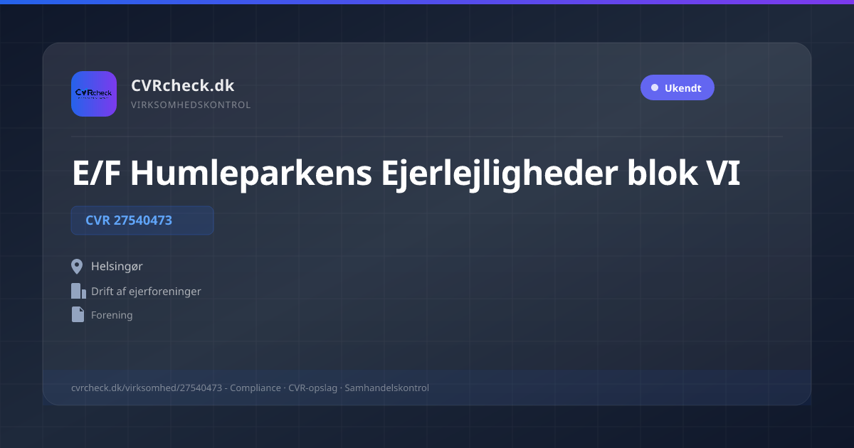 Visitkort: E/F Humleparkens Ejerlejligheder blok VI, CVR 27540473, Drift af ejerforeninger, Helsingør