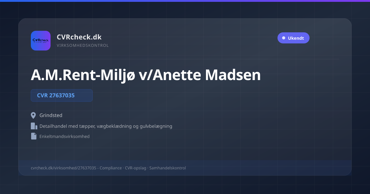 Visitkort: A.M.Rent-Miljø v/Anette Madsen, CVR 27637035, Detailhandel med tæpper, vægbeklædning og gulvbelægning, Grindsted
