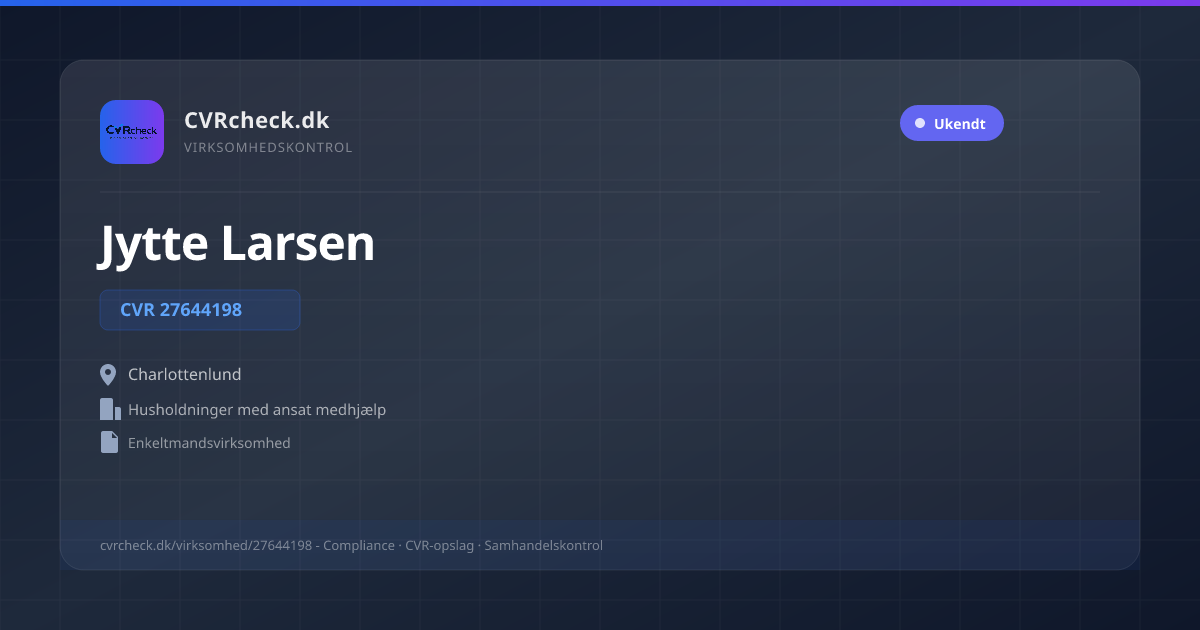 Visitkort: Jytte Larsen, CVR 27644198, Husholdninger med ansat medhjælp, Charlottenlund