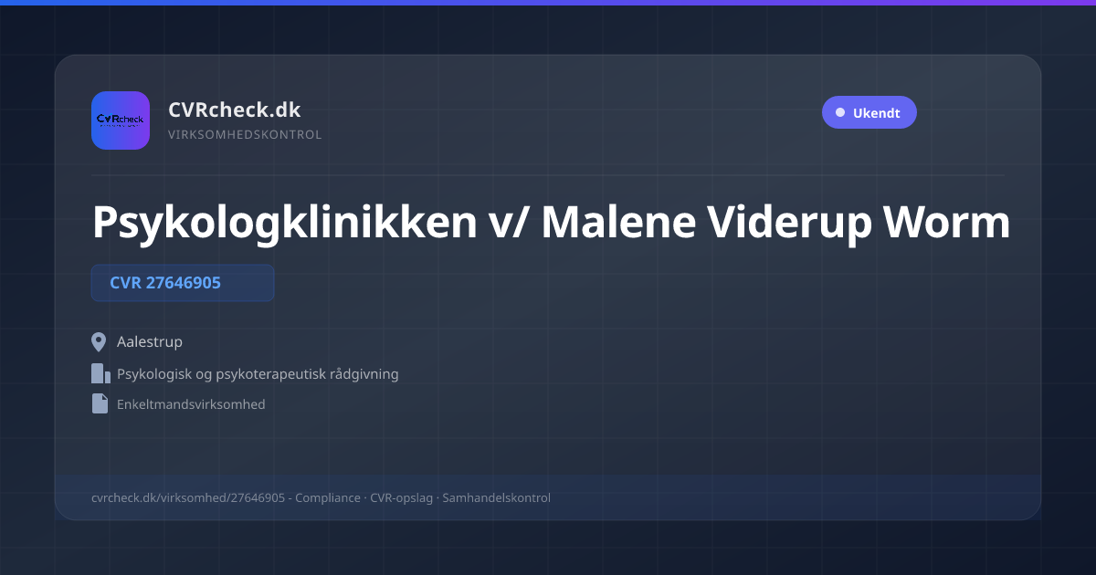 Visitkort: Psykologklinikken v/ Malene Viderup Worm, CVR 27646905, Psykologisk og psykoterapeutisk rådgivning, Aalestrup
