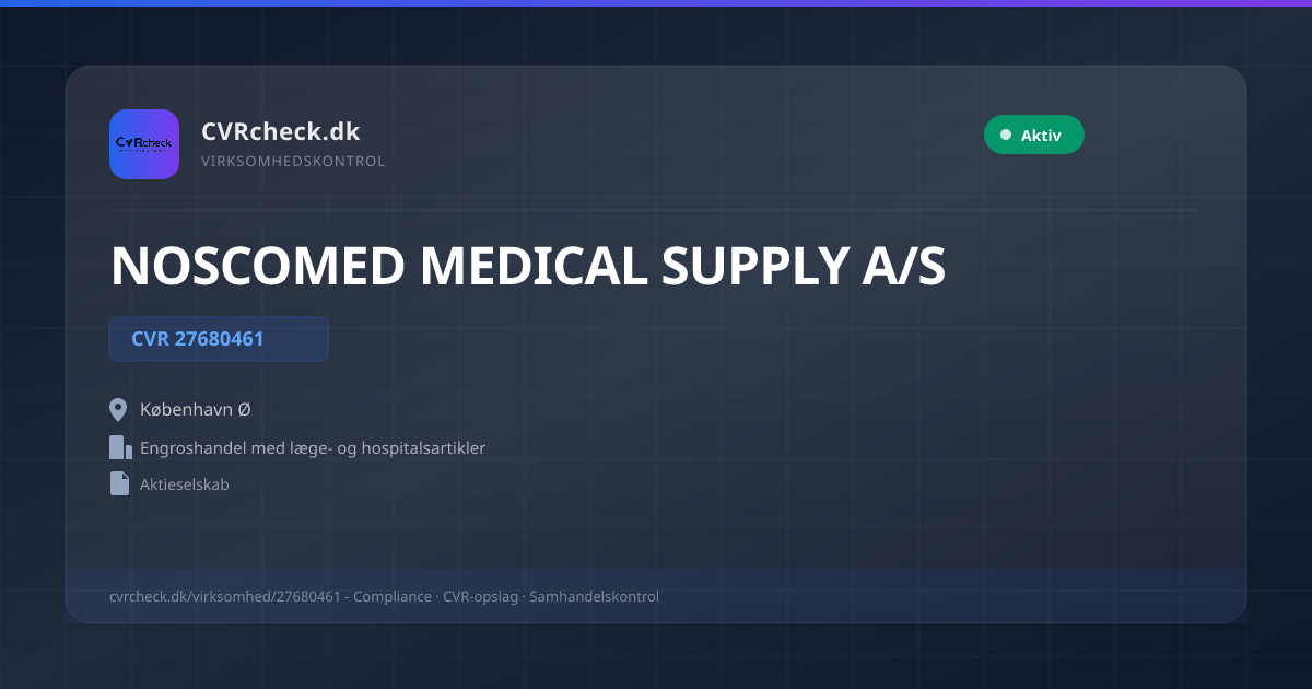 Visitkort: NOSCOMED MEDICAL SUPPLY A/S, CVR 27680461, Engroshandel med læge- og hospitalsartikler, København Ø, NORMAL