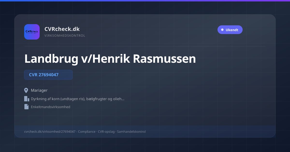 Visitkort: Landbrug v/Henrik Rasmussen, CVR 27694047, Dyrkning af korn (undtagen ris), bælgfrugter og olieholdige frø, Mariager