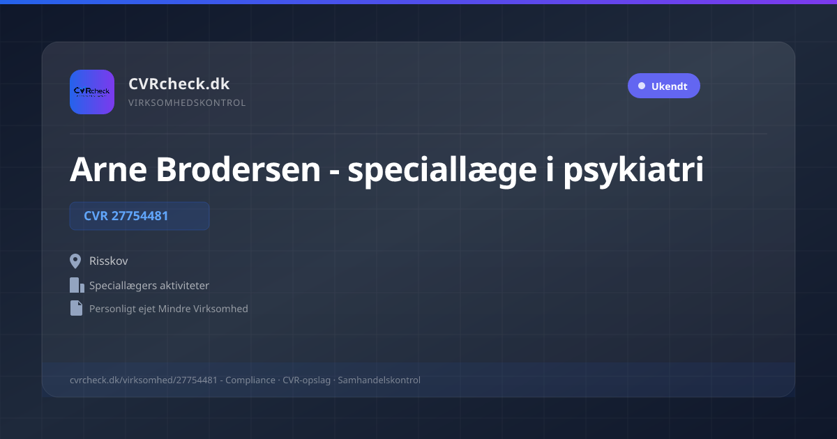 Visitkort: Arne Brodersen - speciallæge i psykiatri, CVR 27754481, Speciallægers aktiviteter, Risskov