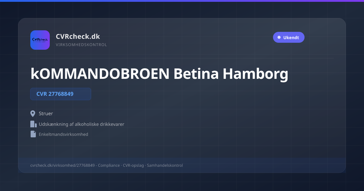 Visitkort: kOMMANDOBROEN Betina Hamborg, CVR 27768849, Udskænkning af alkoholiske drikkevarer, Struer