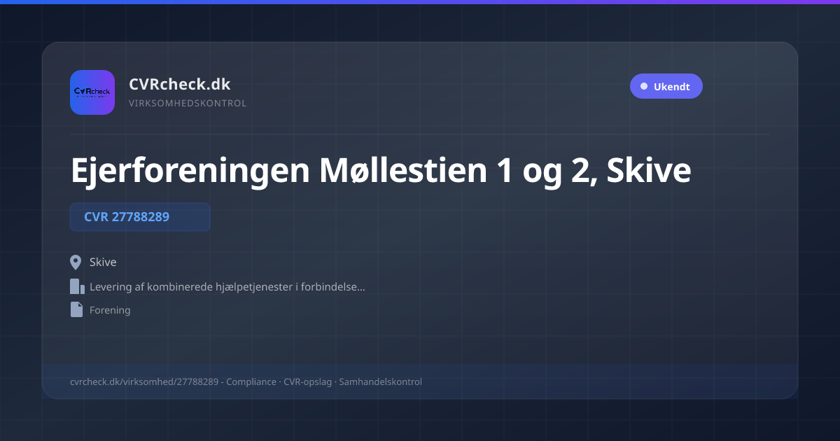 Visitkort: Ejerforeningen Møllestien 1 og 2, Skive, CVR 27788289, Levering af kombinerede hjælpetjenester i forbindelse med drift af fast ejendom, Skive
