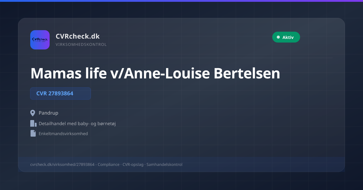 Visitkort: Mamas life v/Anne-Louise Bertelsen, CVR 27893864, Detailhandel med baby- og børnetøj, Pandrup, Aktiv