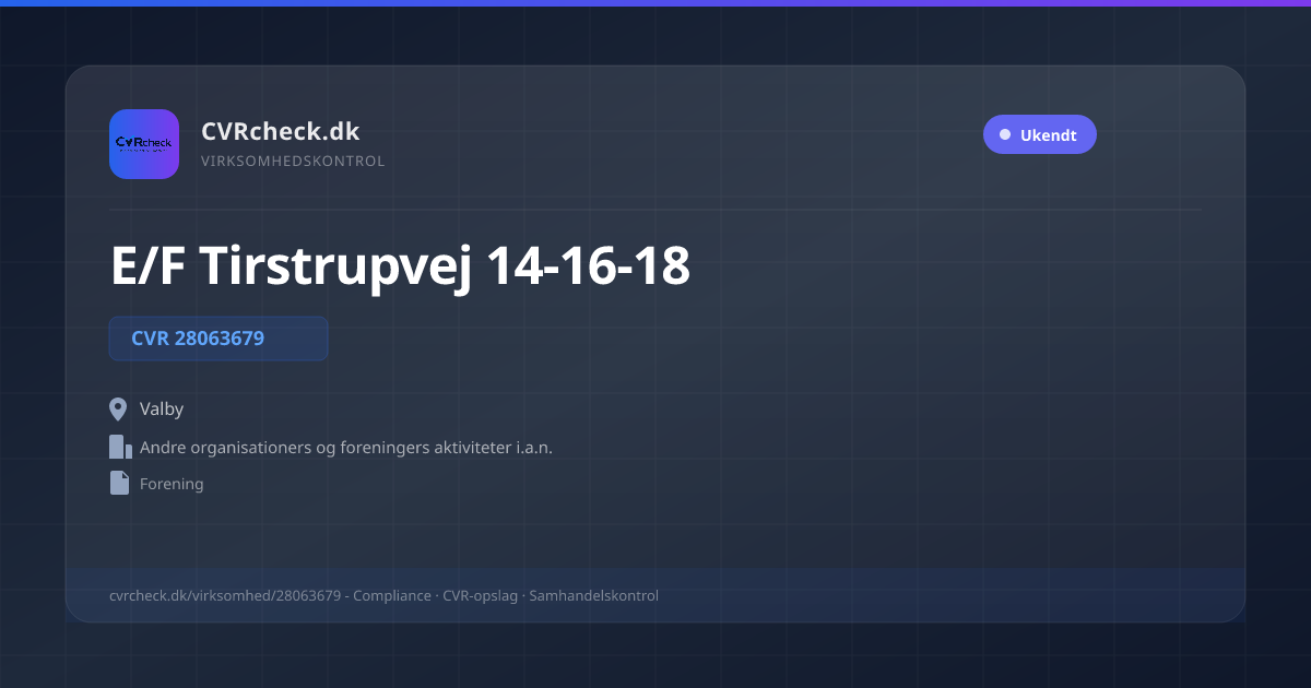 Visitkort: E/F Tirstrupvej 14-16-18, CVR 28063679, Andre organisationers og foreningers aktiviteter i.a.n., Valby