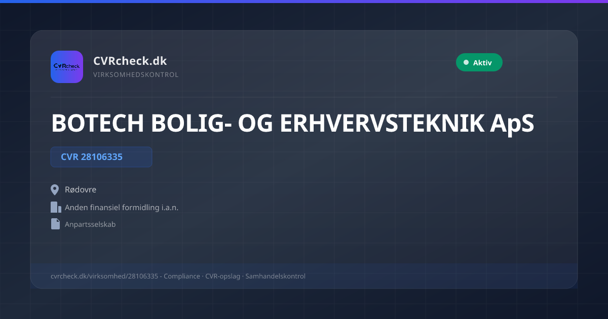Visitkort: BOTECH BOLIG- OG ERHVERVSTEKNIK ApS, CVR 28106335, Anden finansiel formidling i.a.n., Rødovre, NORMAL