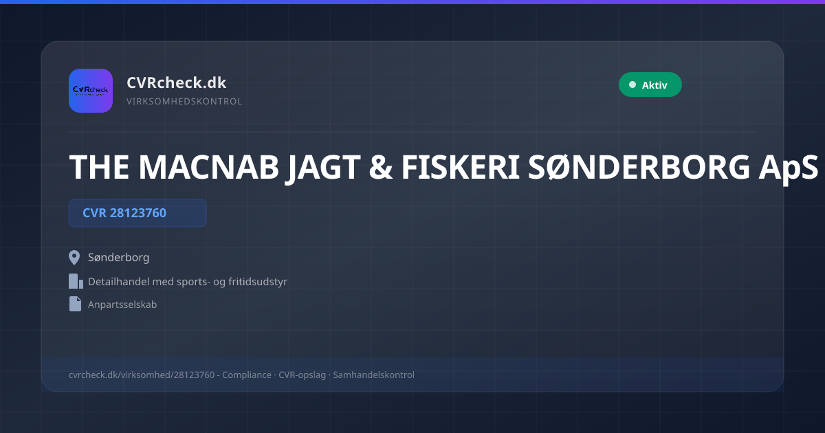 Visitkort: THE MACNAB JAGT & FISKERI SØNDERBORG ApS, CVR 28123760, Detailhandel med sports- og fritidsudstyr, Sønderborg, NORMAL