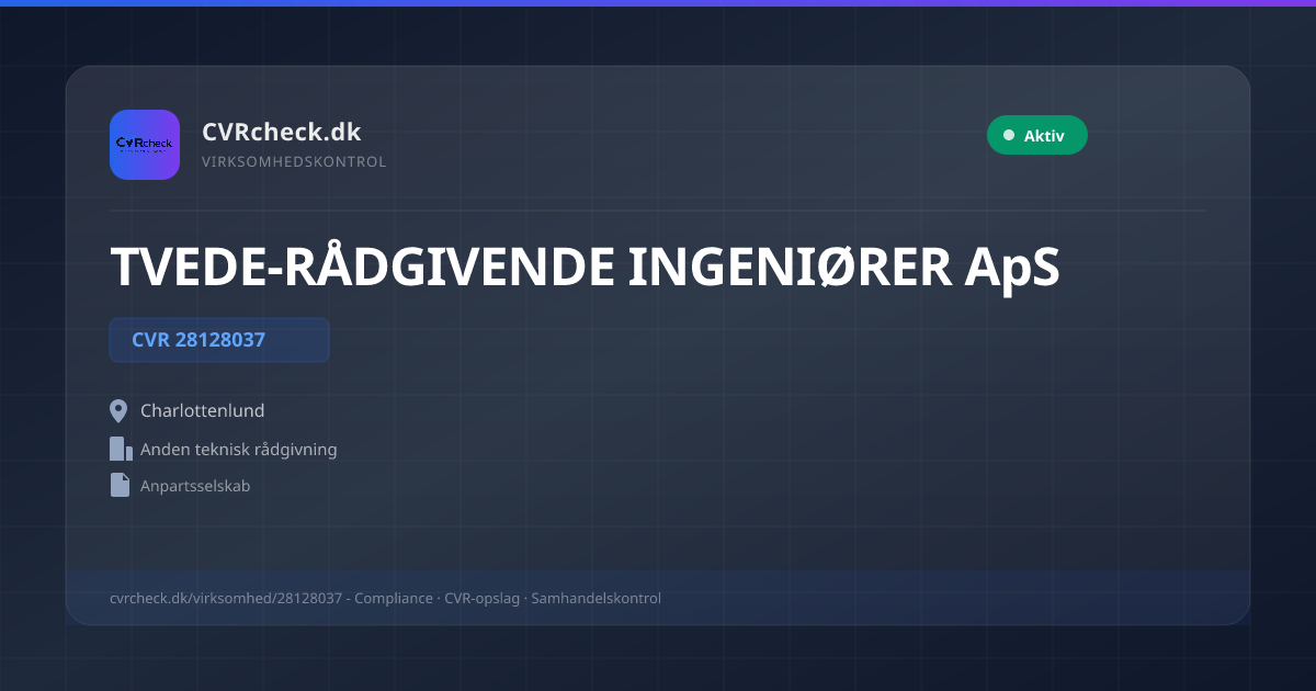 Visitkort: TVEDE-RÅDGIVENDE INGENIØRER ApS, CVR 28128037, Anden teknisk rådgivning, Charlottenlund, NORMAL