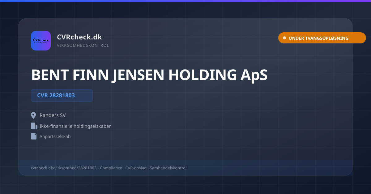 Visitkort: BENT FINN JENSEN HOLDING ApS, CVR 28281803, Ikke-finansielle holdingselskaber, Randers SV, UNDER TVANGSOPLØSNING