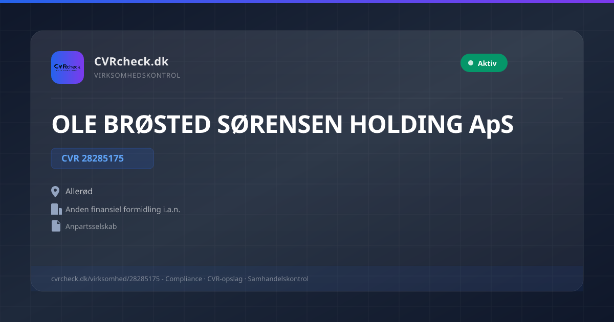 Visitkort: OLE BRØSTED SØRENSEN HOLDING ApS, CVR 28285175, Anden finansiel formidling i.a.n., Allerød, NORMAL
