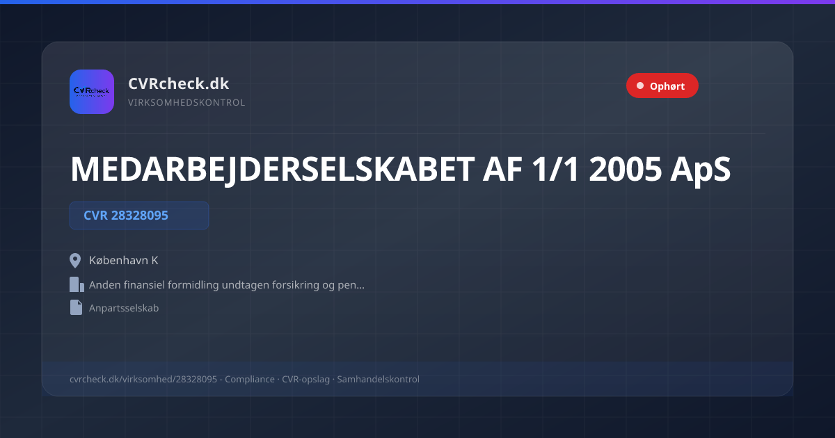 Visitkort: MEDARBEJDERSELSKABET AF 1/1 2005 ApS, CVR 28328095, Anden finansiel formidling undtagen forsikring og pensionsforsikring, i.a.n., København K, OPLØST EFTER ERKLÆRING