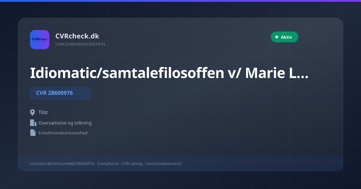 Visitkort: Idiomatic/samtalefilosoffen v/ Marie Lund, CVR 28600976, Oversættelse og tolkning, Tilst, Aktiv