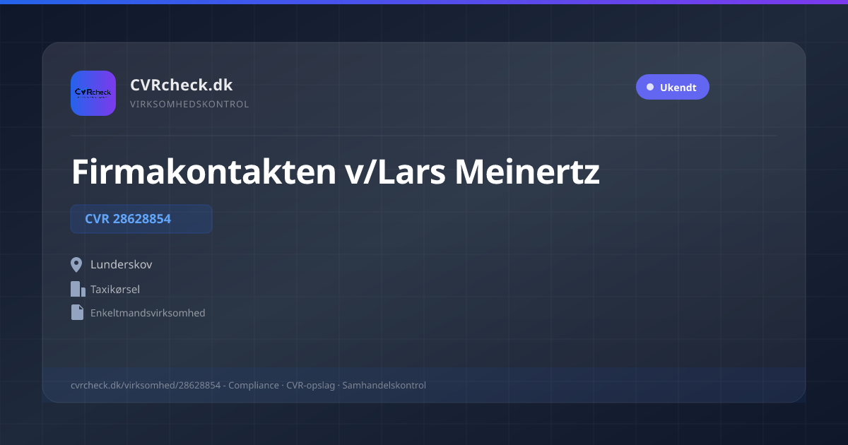 Visitkort: Firmakontakten v/Lars Meinertz, CVR 28628854, Taxikørsel, Lunderskov