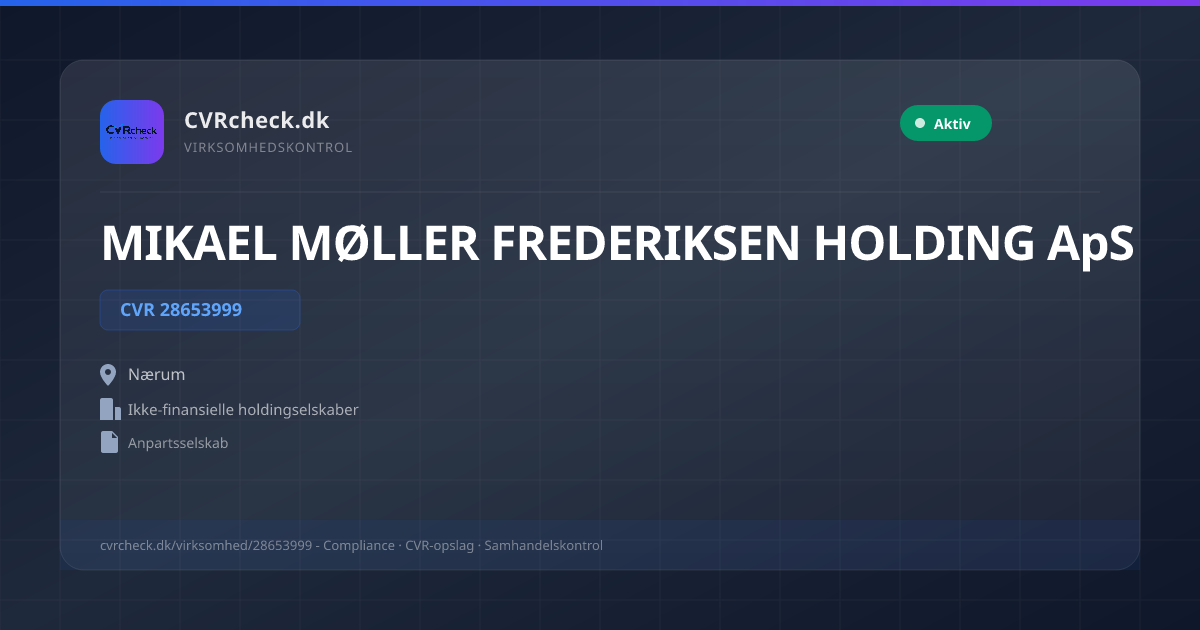 Visitkort: MIKAEL MØLLER FREDERIKSEN HOLDING ApS, CVR 28653999, Ikke-finansielle holdingselskaber, Nærum, NORMAL