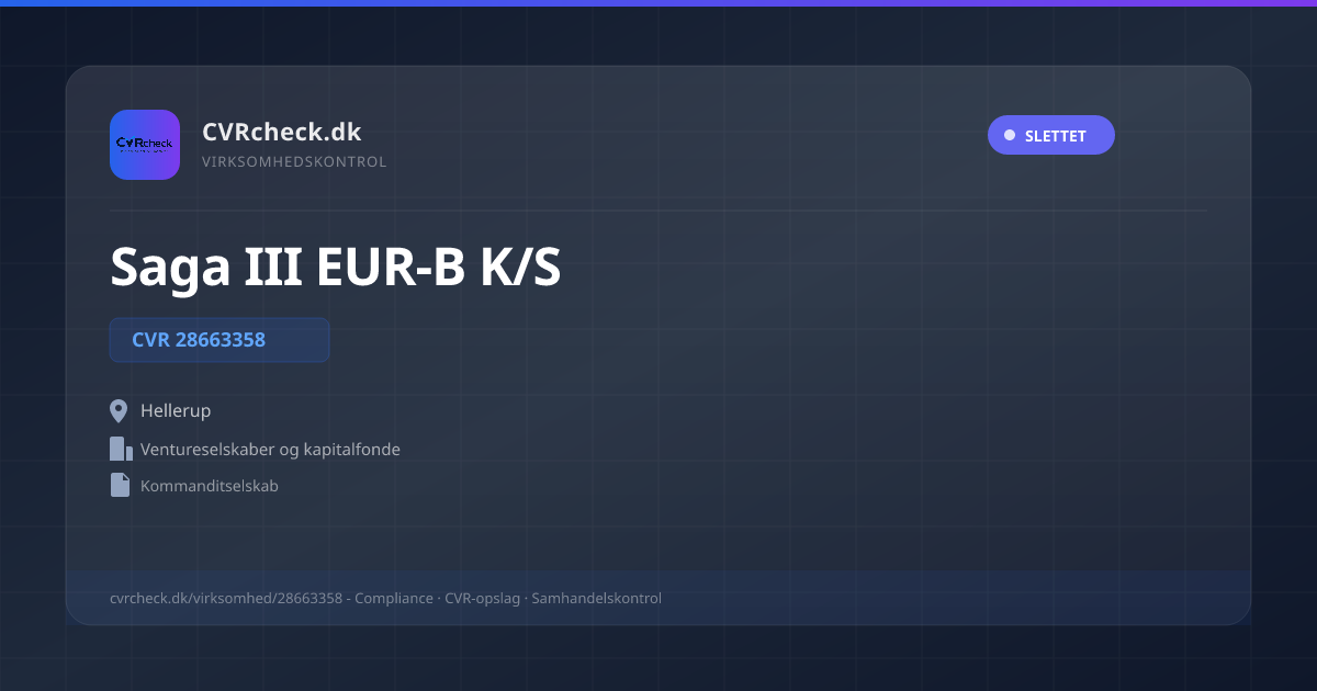 Visitkort: Saga III EUR-B K/S, CVR 28663358, Ventureselskaber og kapitalfonde, Hellerup, SLETTET