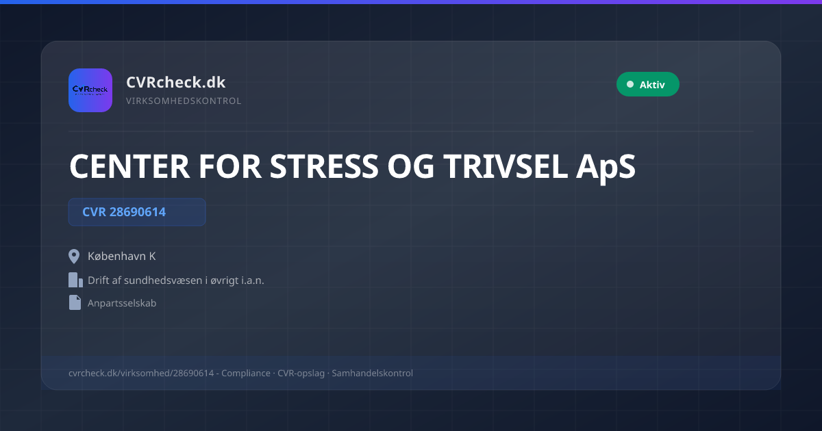 Visitkort: CENTER FOR STRESS OG TRIVSEL ApS, CVR 28690614, Drift af sundhedsvæsen i øvrigt i.a.n., København K, NORMAL