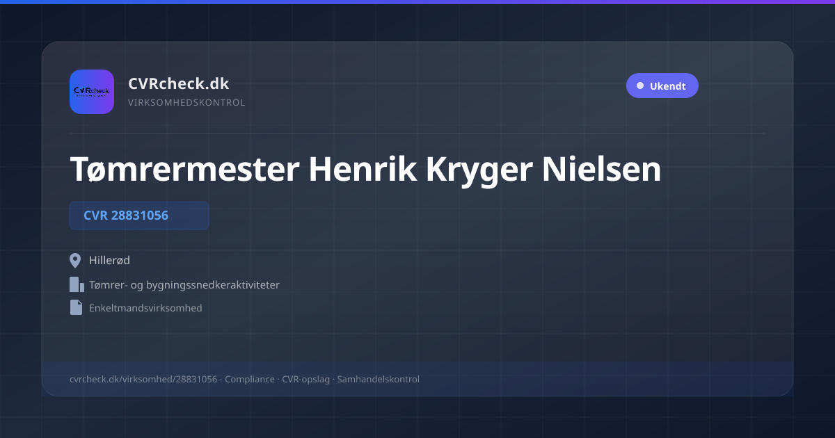 Visitkort: Tømrermester Henrik Kryger Nielsen, CVR 28831056, Tømrer- og bygningssnedkeraktiviteter, Hillerød