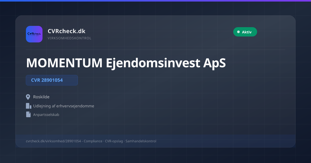 Visitkort: MOMENTUM Ejendomsinvest ApS, CVR 28901054, Udlejning af erhvervsejendomme, Roskilde, NORMAL