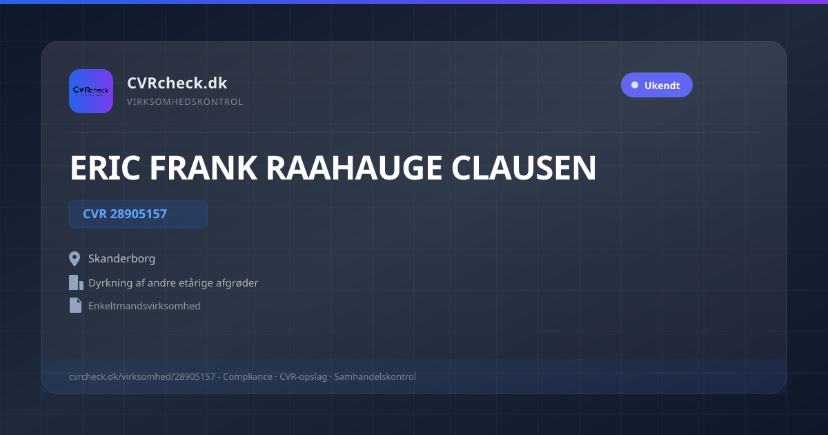Visitkort: ERIC FRANK RAAHAUGE CLAUSEN, CVR 28905157, Dyrkning af andre etårige afgrøder, Skanderborg