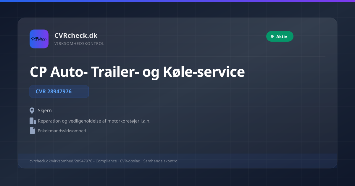 Visitkort: CP Auto- Trailer- og Køle-service, CVR 28947976, Reparation og vedligeholdelse af motorkøretøjer i.a.n., Skjern, Aktiv