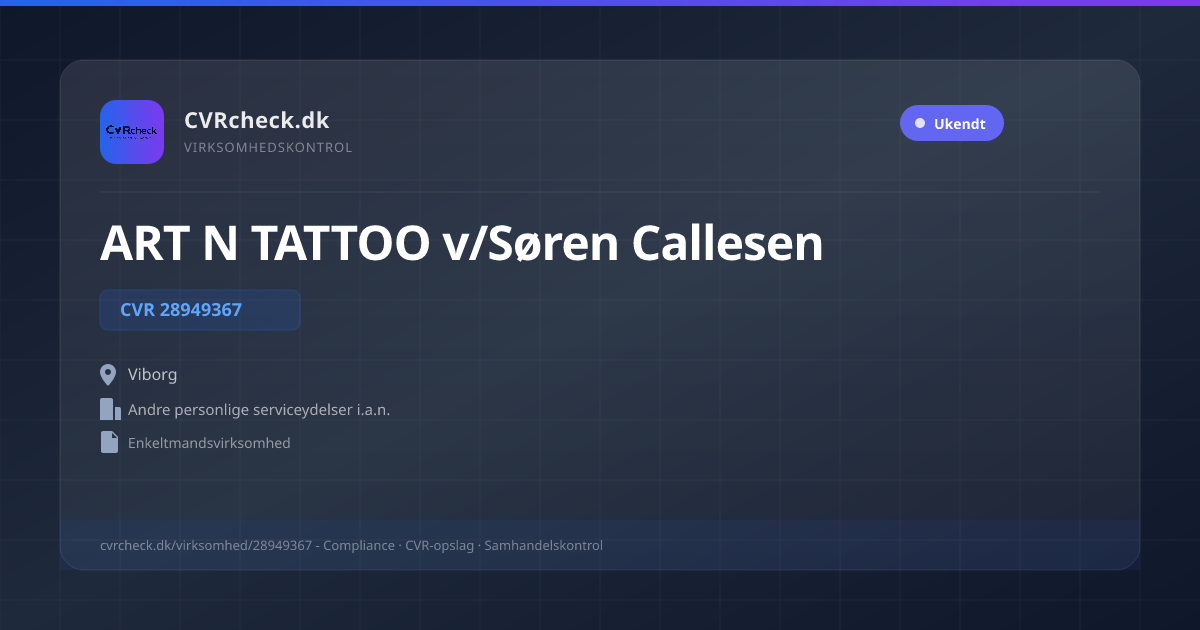 Visitkort: ART N TATTOO v/Søren Callesen, CVR 28949367, Andre personlige serviceydelser i.a.n., Viborg