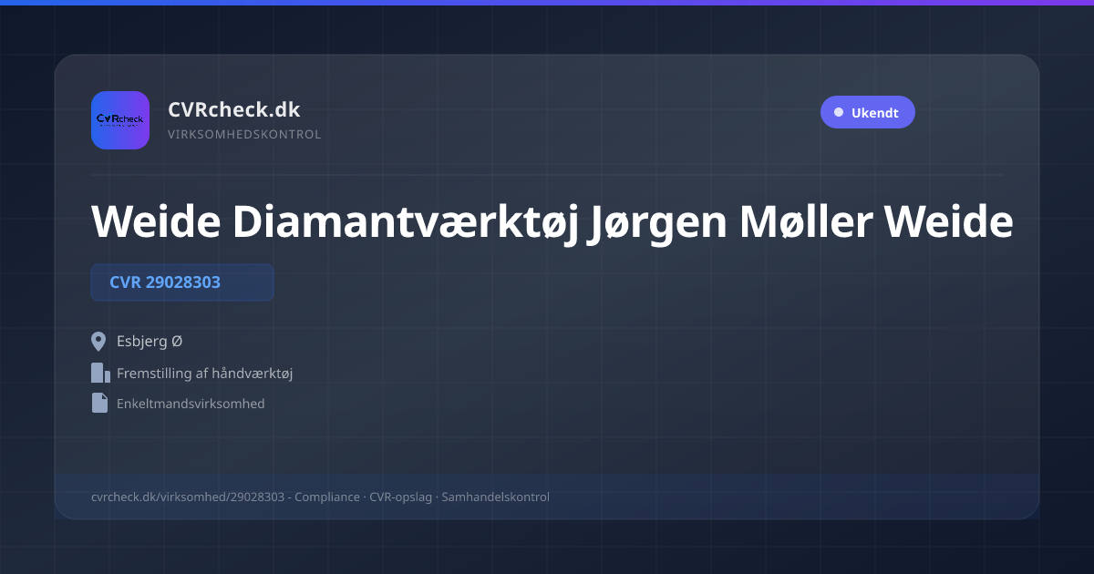 Visitkort: Weide Diamantværktøj Jørgen Møller Weide, CVR 29028303, Fremstilling af håndværktøj, Esbjerg Ø