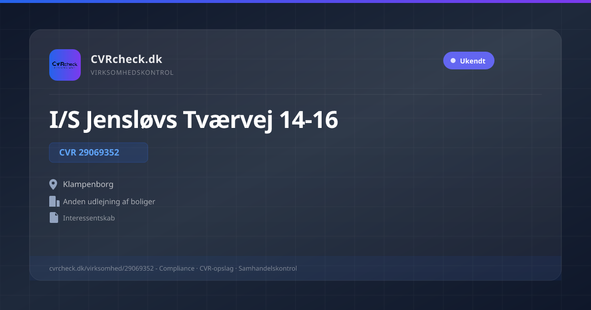 Visitkort: I/S Jensløvs Tværvej 14-16, CVR 29069352, Anden udlejning af boliger, Klampenborg
