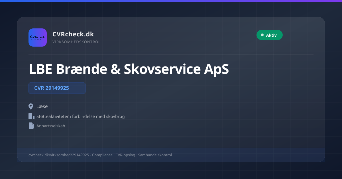 Visitkort: LBE Brænde & Skovservice ApS, CVR 29149925, Støtteaktiviteter i forbindelse med skovbrug, Læsø, NORMAL