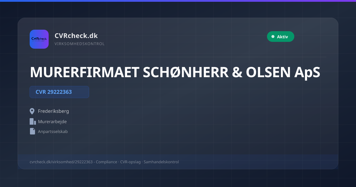 Visitkort: MURERFIRMAET SCHØNHERR & OLSEN ApS, CVR 29222363, Murerarbejde, Frederiksberg, NORMAL