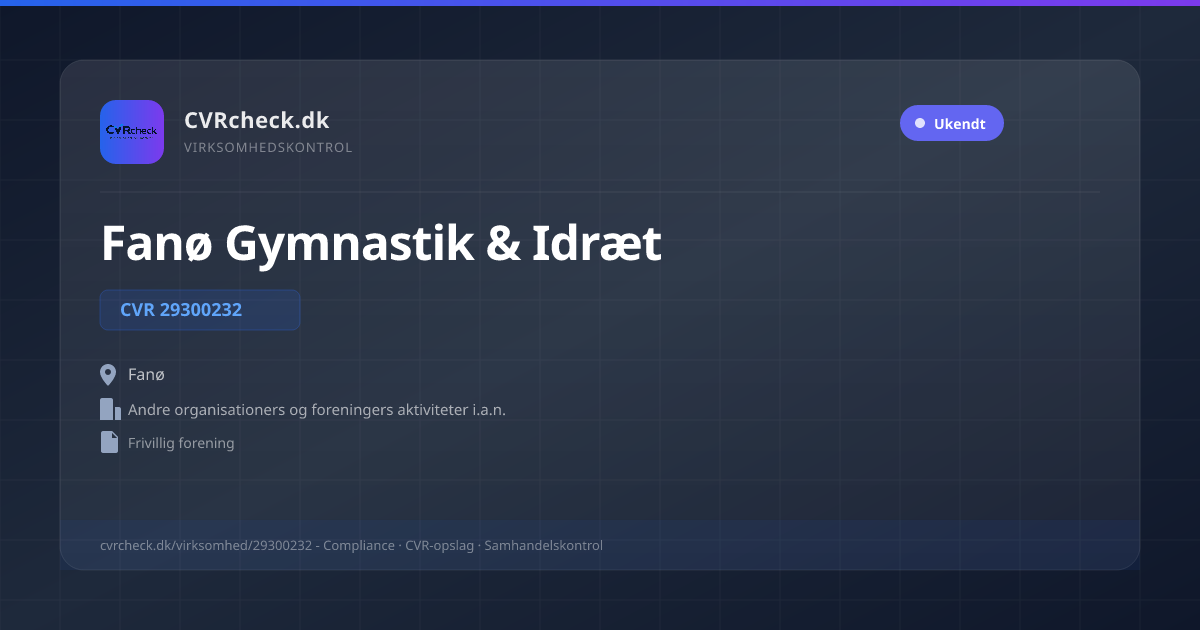 Visitkort: Fanø Gymnastik & Idræt, CVR 29300232, Andre organisationers og foreningers aktiviteter i.a.n., Fanø