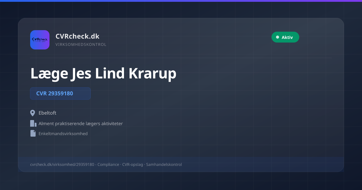 Visitkort: Læge Jes Lind Krarup, CVR 29359180, Alment praktiserende lægers aktiviteter, Ebeltoft, Aktiv
