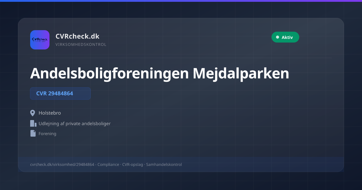 Visitkort: Andelsboligforeningen Mejdalparken, CVR 29484864, Udlejning af private andelsboliger, Holstebro, Aktiv