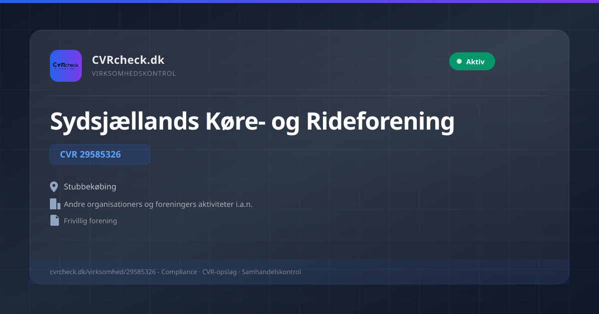 Visitkort: Sydsjællands Køre- og Rideforening, CVR 29585326, Andre organisationers og foreningers aktiviteter i.a.n., Stubbekøbing, Aktiv