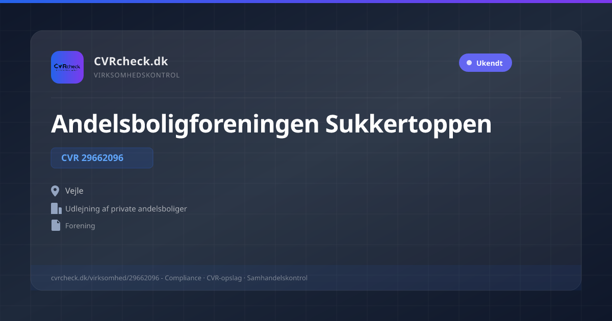 Visitkort: Andelsboligforeningen Sukkertoppen, CVR 29662096, Udlejning af private andelsboliger, Vejle