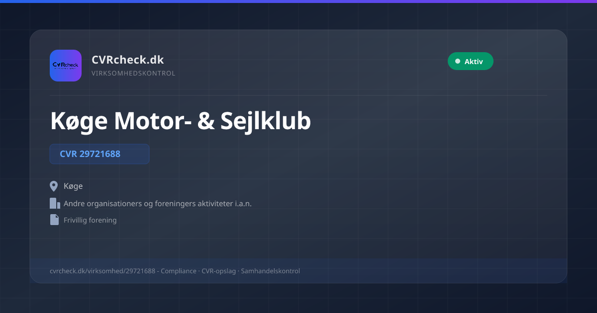 Visitkort: Køge Motor- & Sejlklub, CVR 29721688, Andre organisationers og foreningers aktiviteter i.a.n., Køge, NORMAL