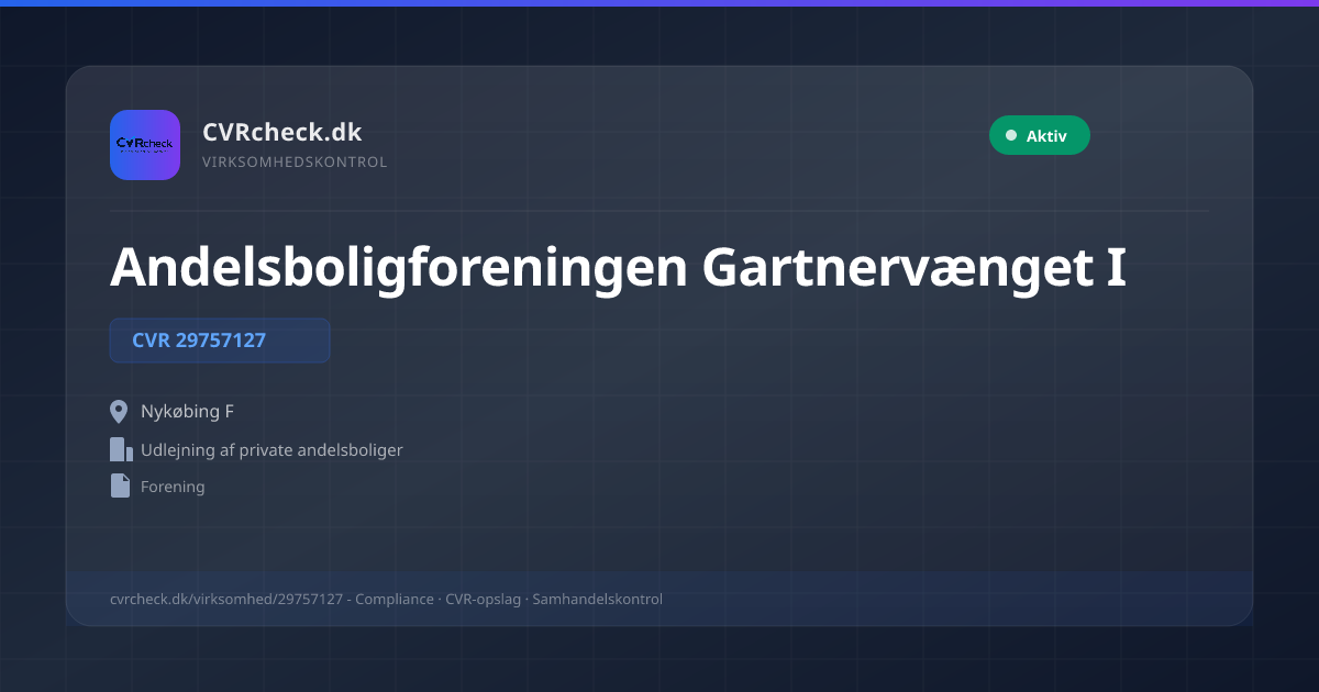Visitkort: Andelsboligforeningen Gartnervænget I, CVR 29757127, Udlejning af private andelsboliger, Nykøbing F, Aktiv