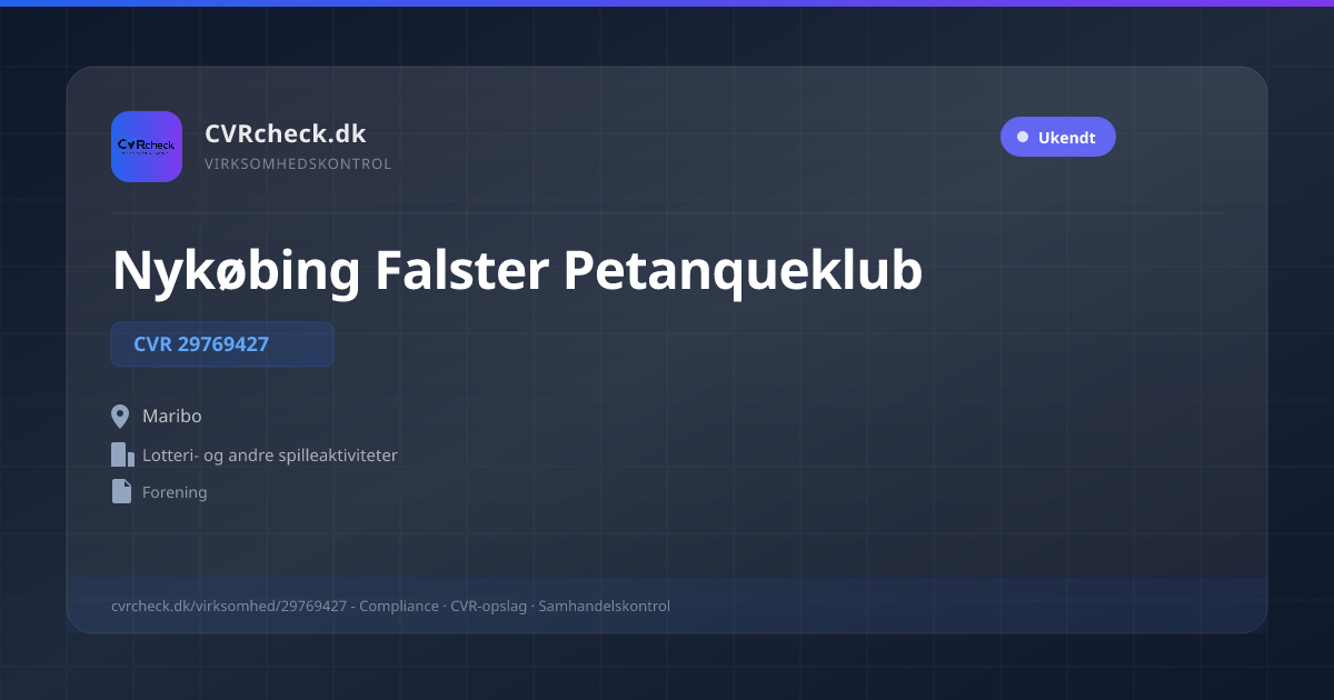 Visitkort: Nykøbing Falster Petanqueklub, CVR 29769427, Lotteri- og andre spilleaktiviteter, Maribo