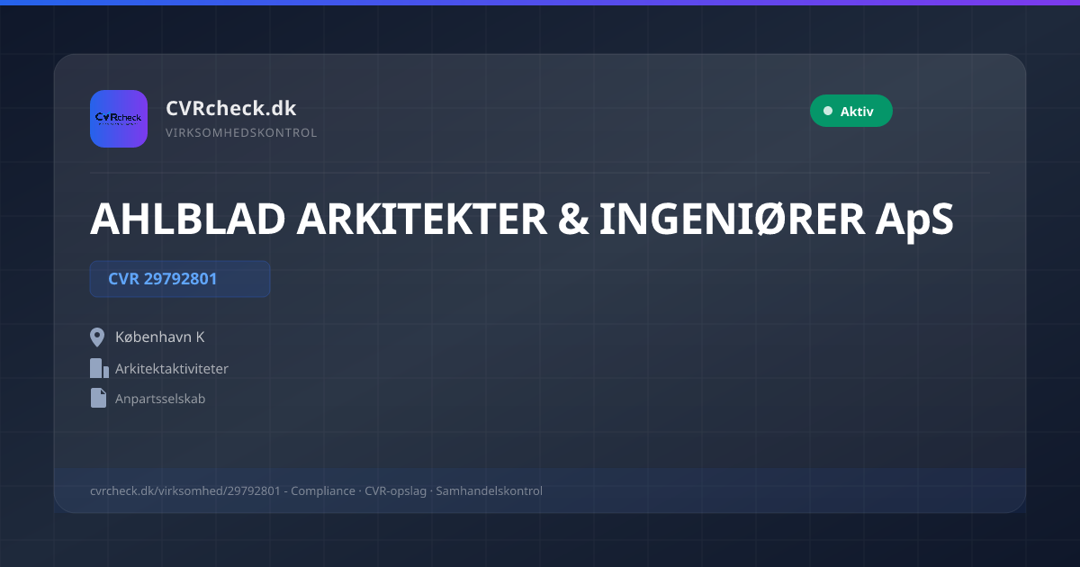 Visitkort: AHLBLAD ARKITEKTER & INGENIØRER ApS, CVR 29792801, Arkitektaktiviteter, København K, NORMAL